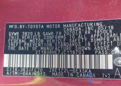 2018 Toyota Corolla Se z USA, uszkodzony, nr VIN 2T1BURHE7JC118703